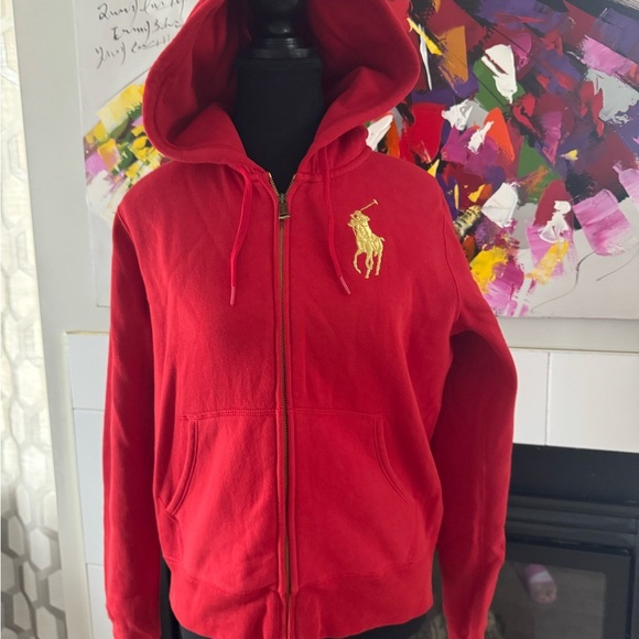 Ralph Lauren Red Hoodie with Gold Logo. Ptp 20” lenght 22,5” - Picture 2 of 5